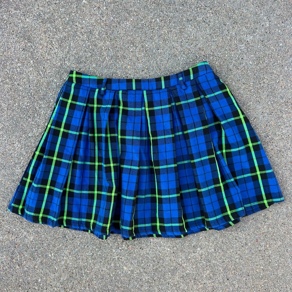 Y2K Hot Topic Blue Neon Green Black Plaid Pleated Mini Skirt Kilt Punk SMALL